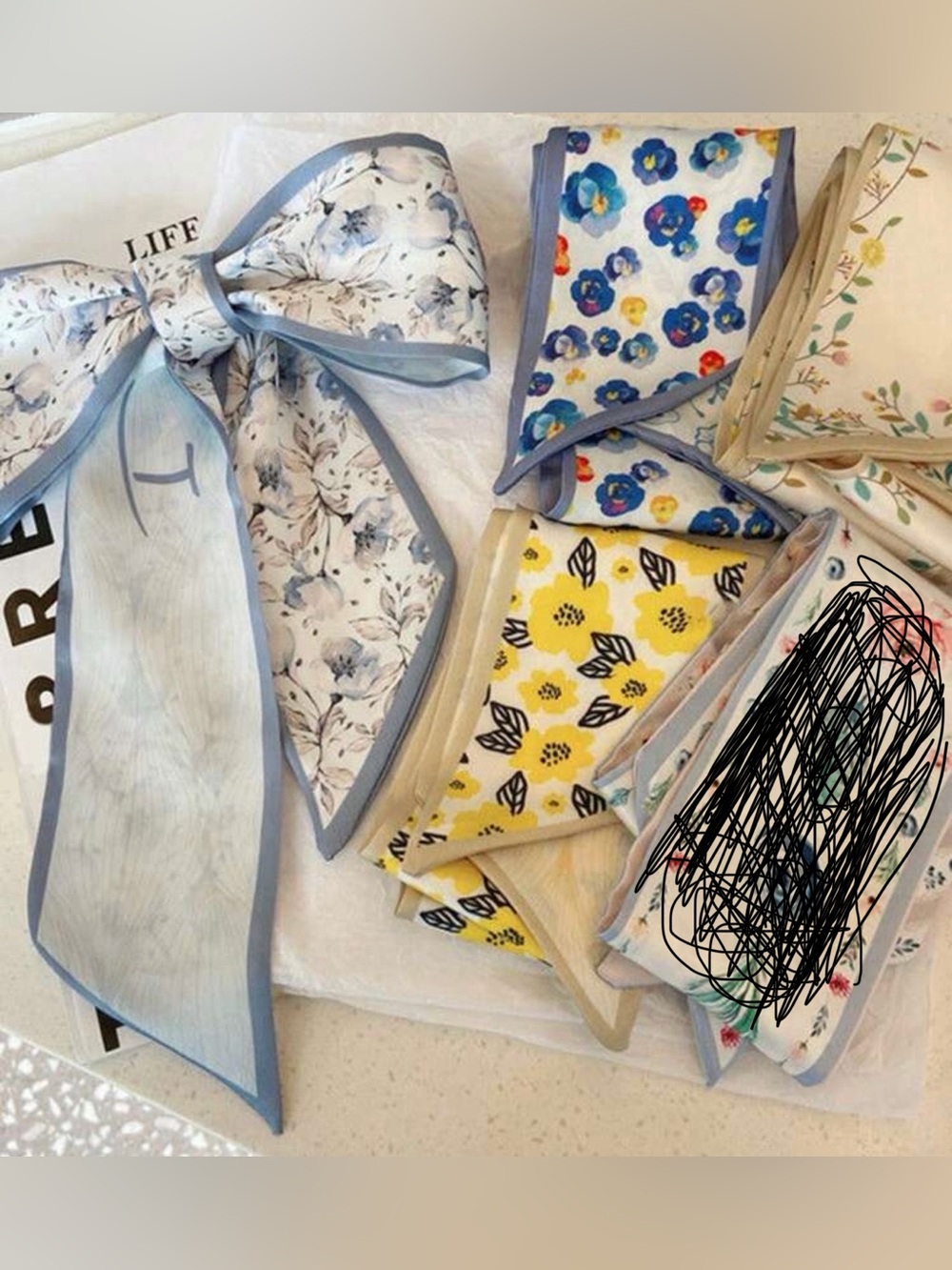 Floral & Patterned Skinny Scarves - Blue, Yellow, Cream Mix